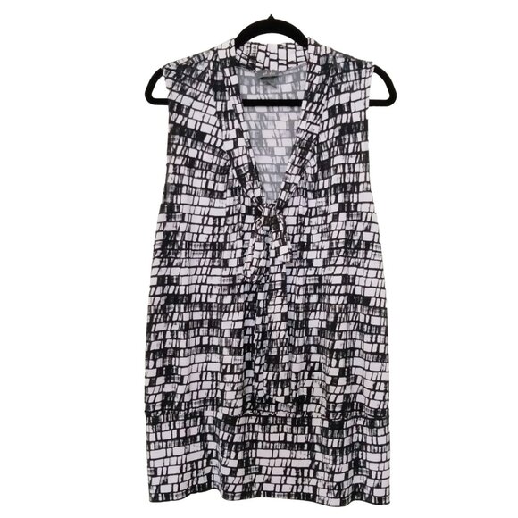Dots Top Size 2X Black White Patterned Tie Neck Sleeveless Banded Hem - Picture 2 of 11